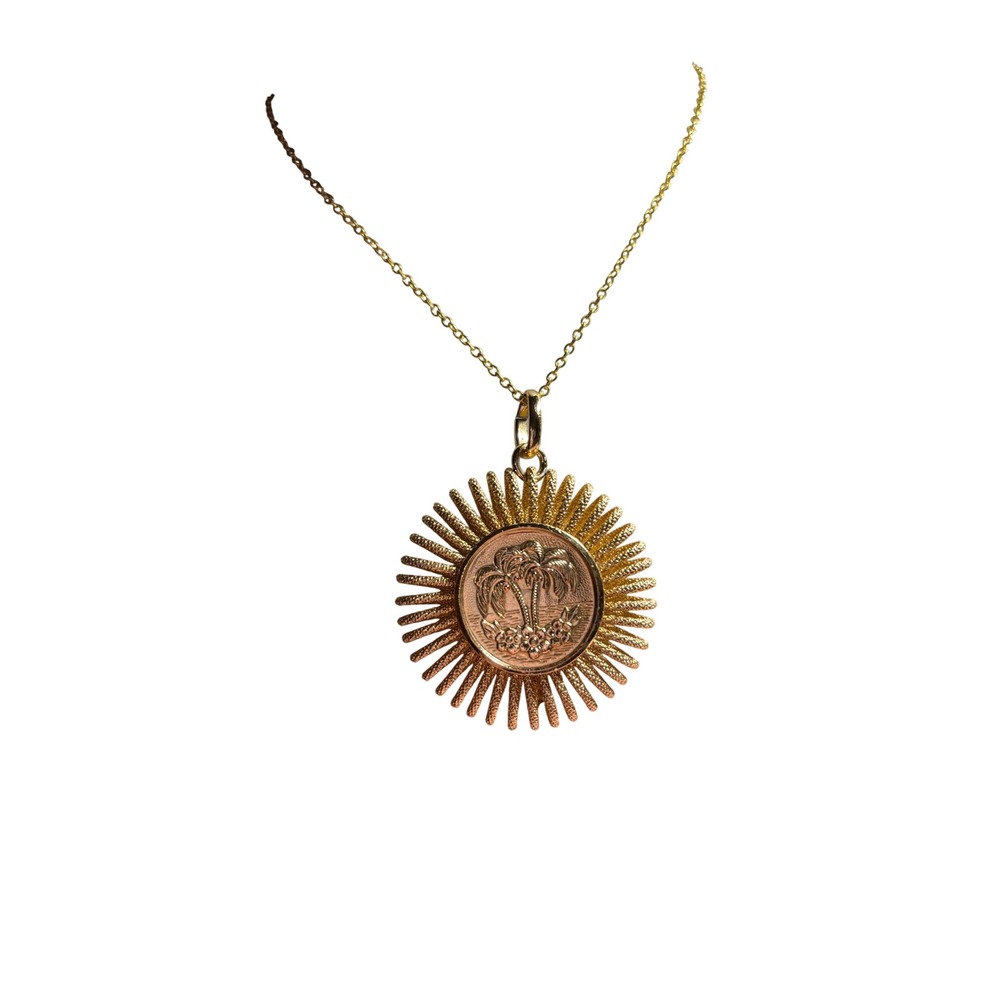 Vintage Gold Palm Tree Sunburst Pendant Necklace Reversible 20"